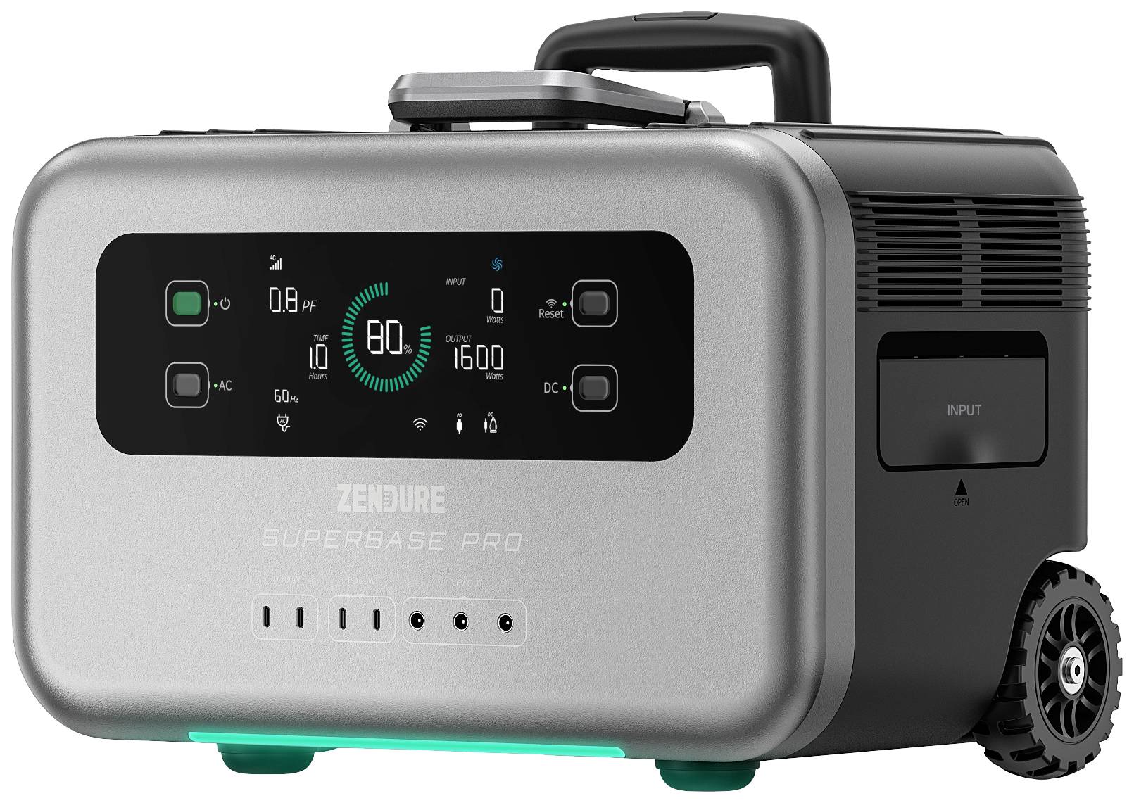 Ein tragbares Stromaggregat mit Griff. Die Anzeige zeigt Akkustand, Eingangs- und Ausgangsleistung. Markenname auf der Vorderseite.