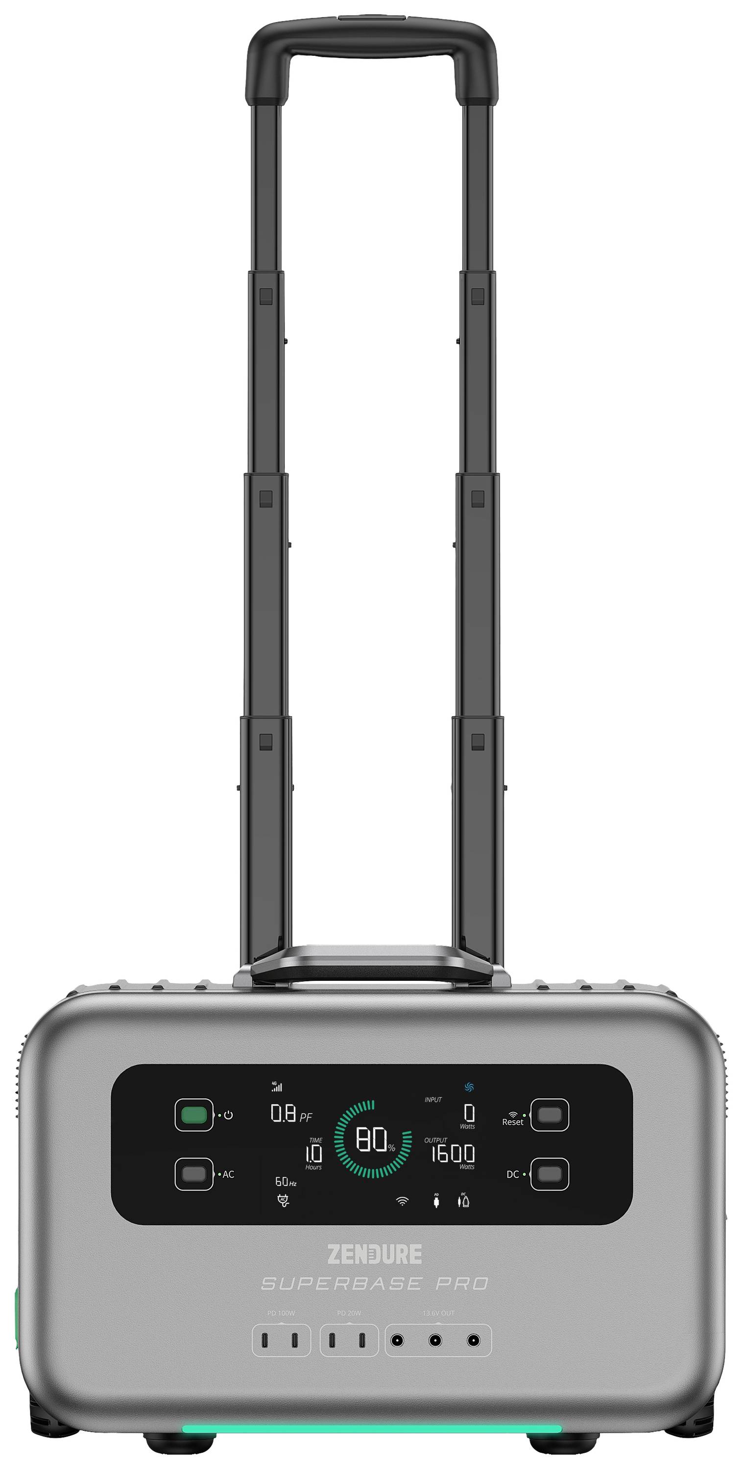 Tragbare Powerstation mit großem Display und Tragegriff. Zeigt eine Ladeanzeige von 80 %. Markenname 'Zendure' auf Frontseite.