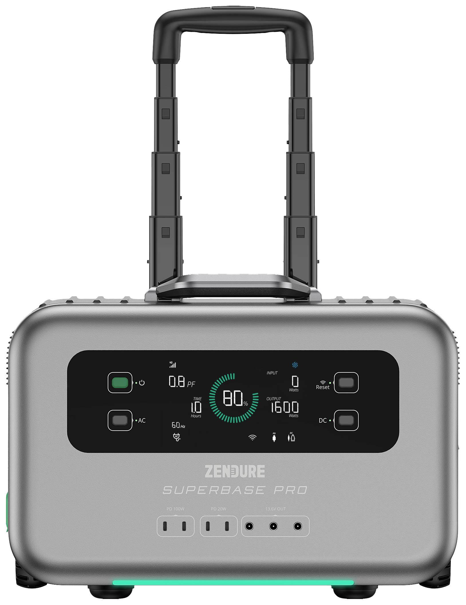 Tragbare Powerstation mit Tragegriff, digitalem Display und Ladeanschlüssen. Anzeige zeigt 80% Ladestand. Marke 'Zendure SuperBase Pro'.