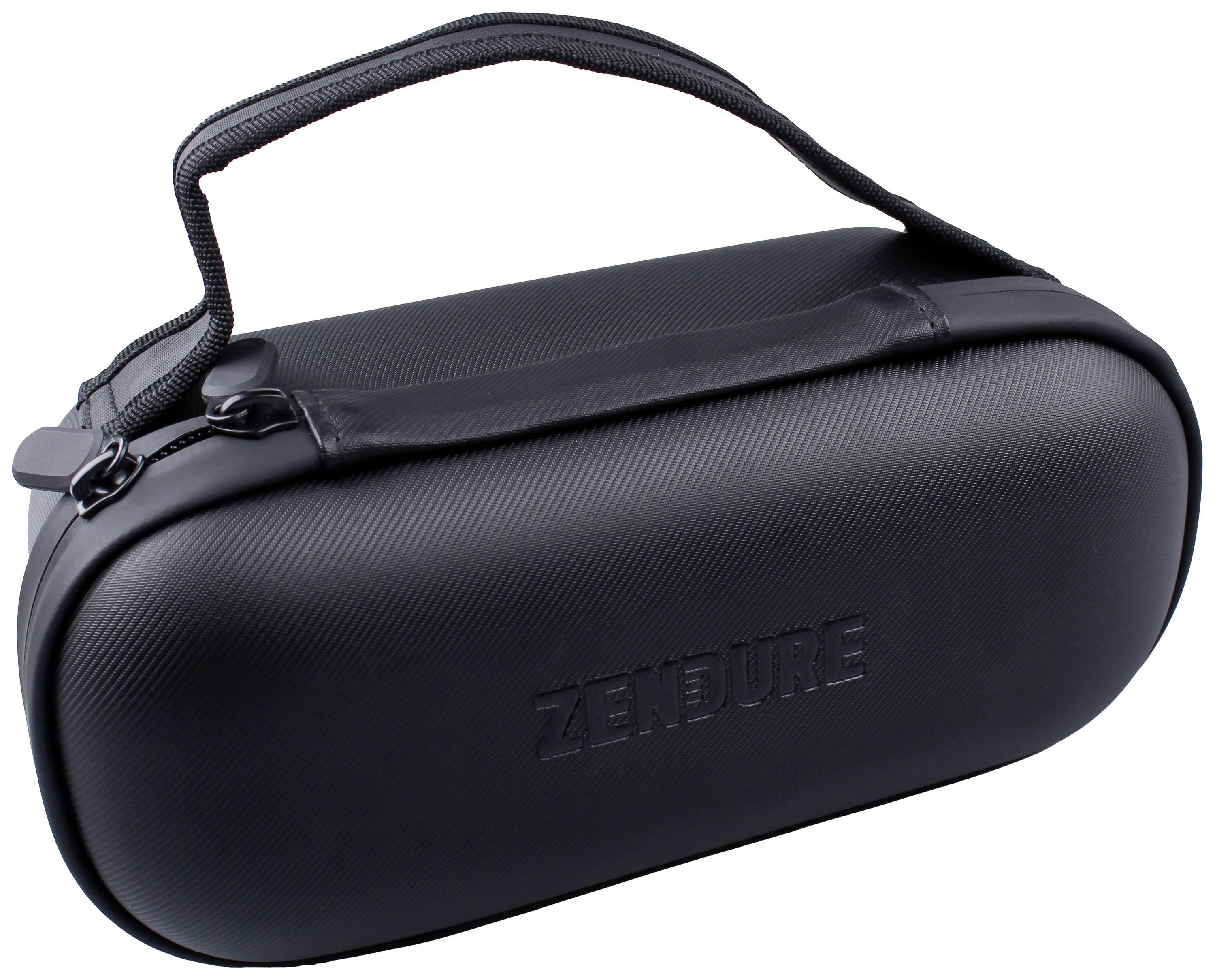 Eine schwarze, zylindrische Tragetasche mit Griff und Reißverschluss. Die Prägung 'Zendure' ist auf der Vorderseite sichtbar.