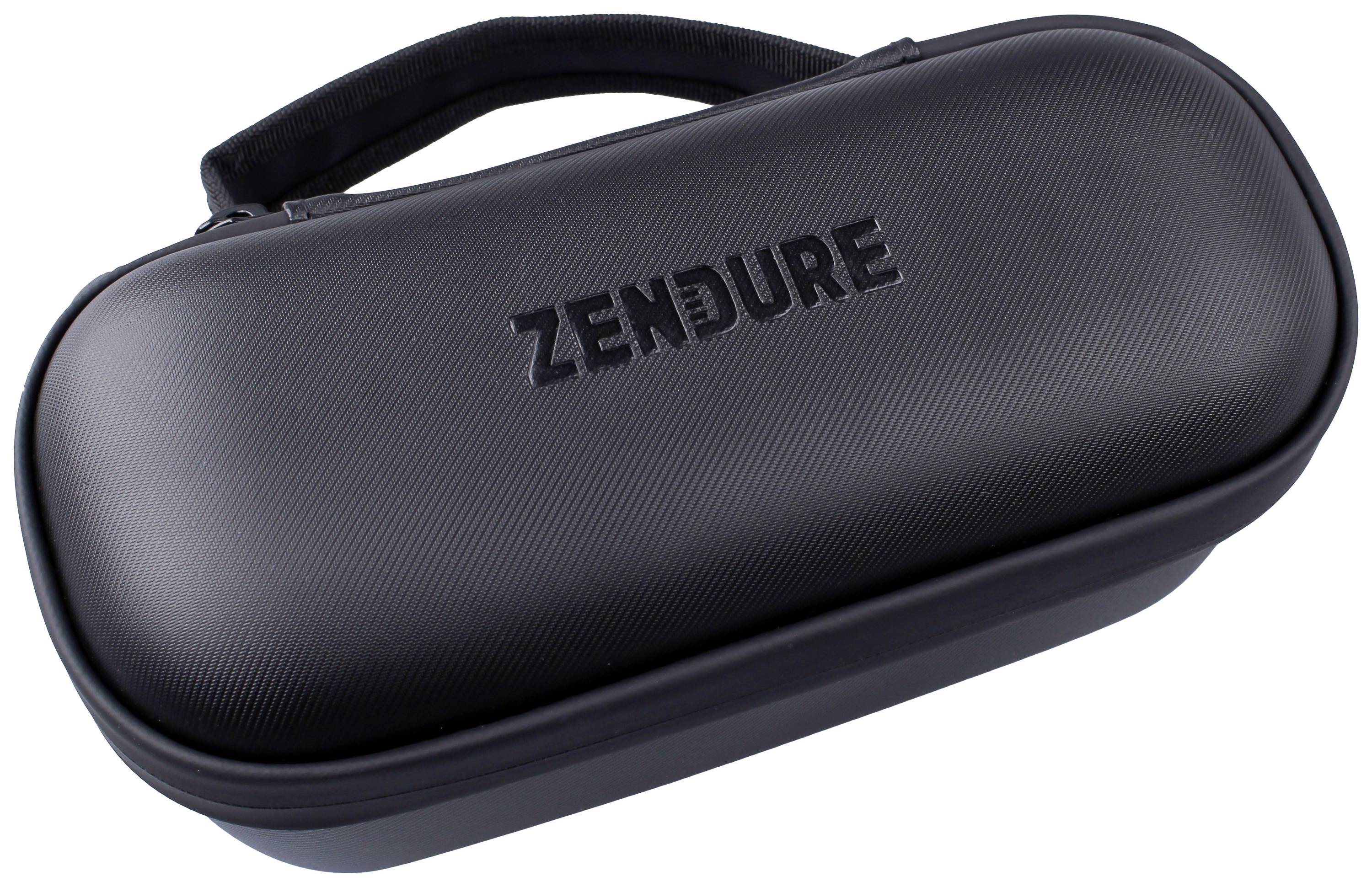 Schwarzes, ovales Etui mit Aufschrift 'Zendure', geeignet zum Transport oder Schutz von Elektronik-Zubehör.