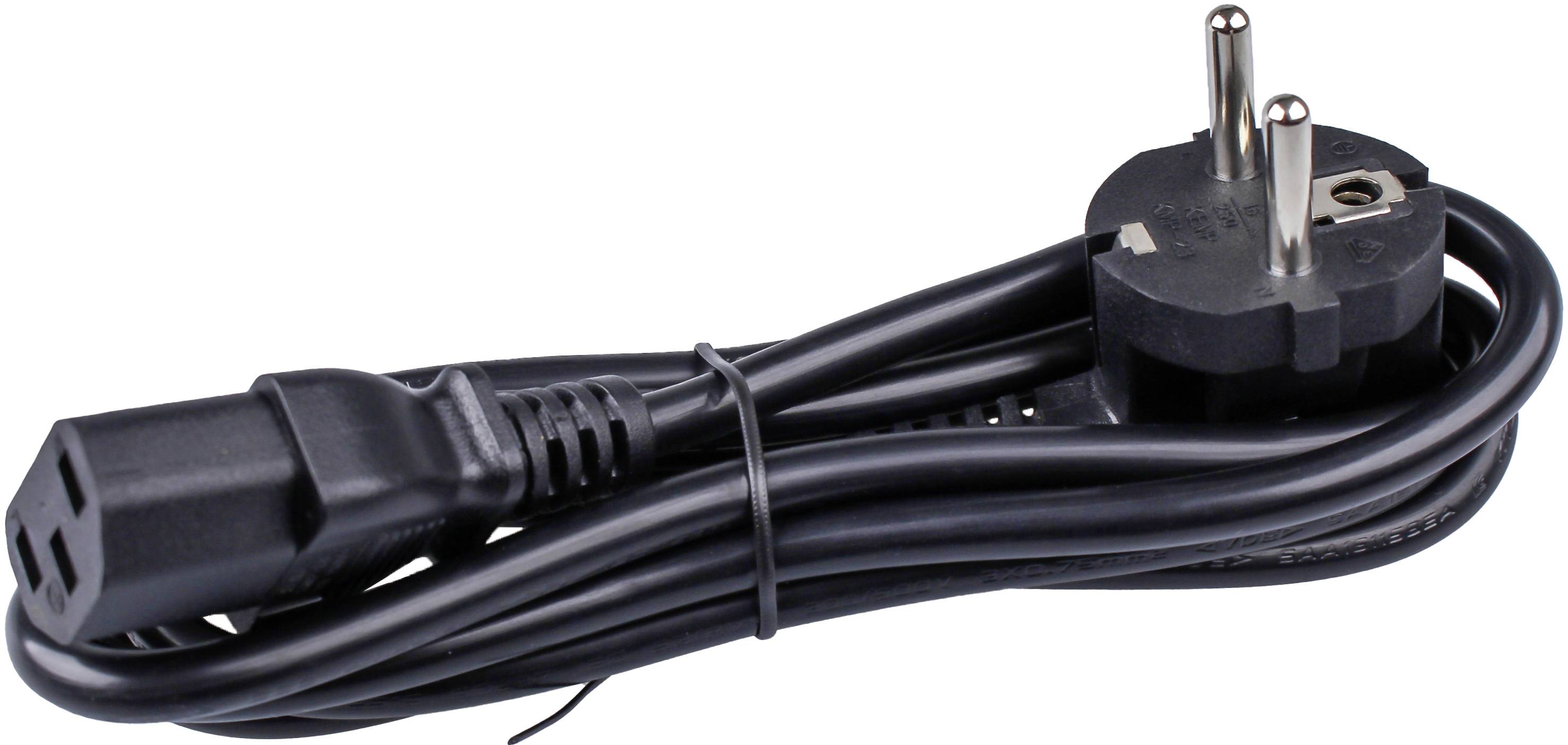 Ein schwarzes Netzkabel mit einem europäischen Schukostecker auf der einen Seite und einem C13-Stecker auf der anderen Seite, aufgerollt.