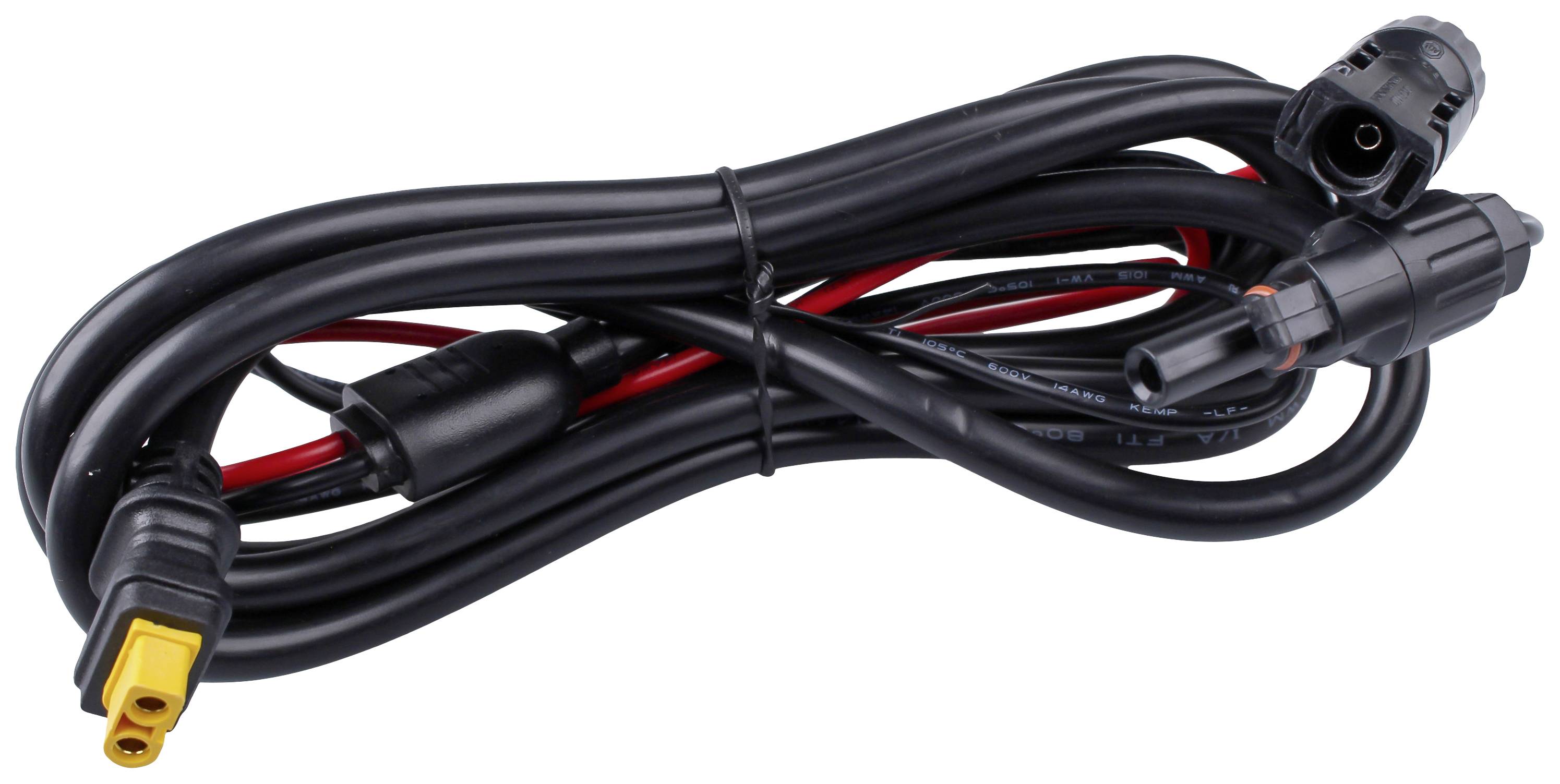 Ein schwarzes Kabel mit mehreren Steckverbindern, darunter ein gelber Stecker, ist ordentlich zusammengerollt und mit einem Kabelbinder gesichert.