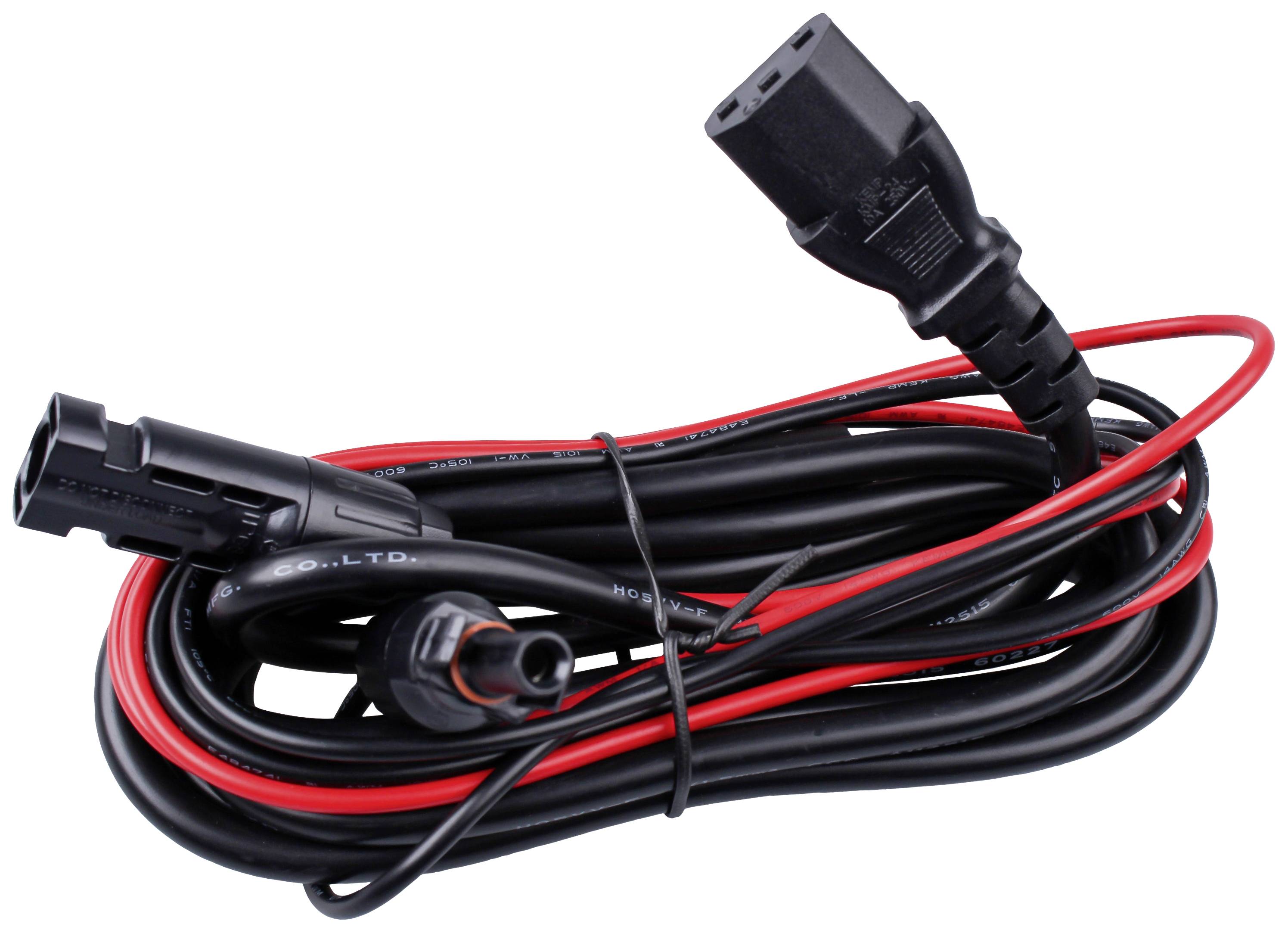 Schwarzes Stromkabel mit roten Akzenten, gewickelt und bereit zum Einsatz, zeigt verschiedene Anschlüsse am Ende.