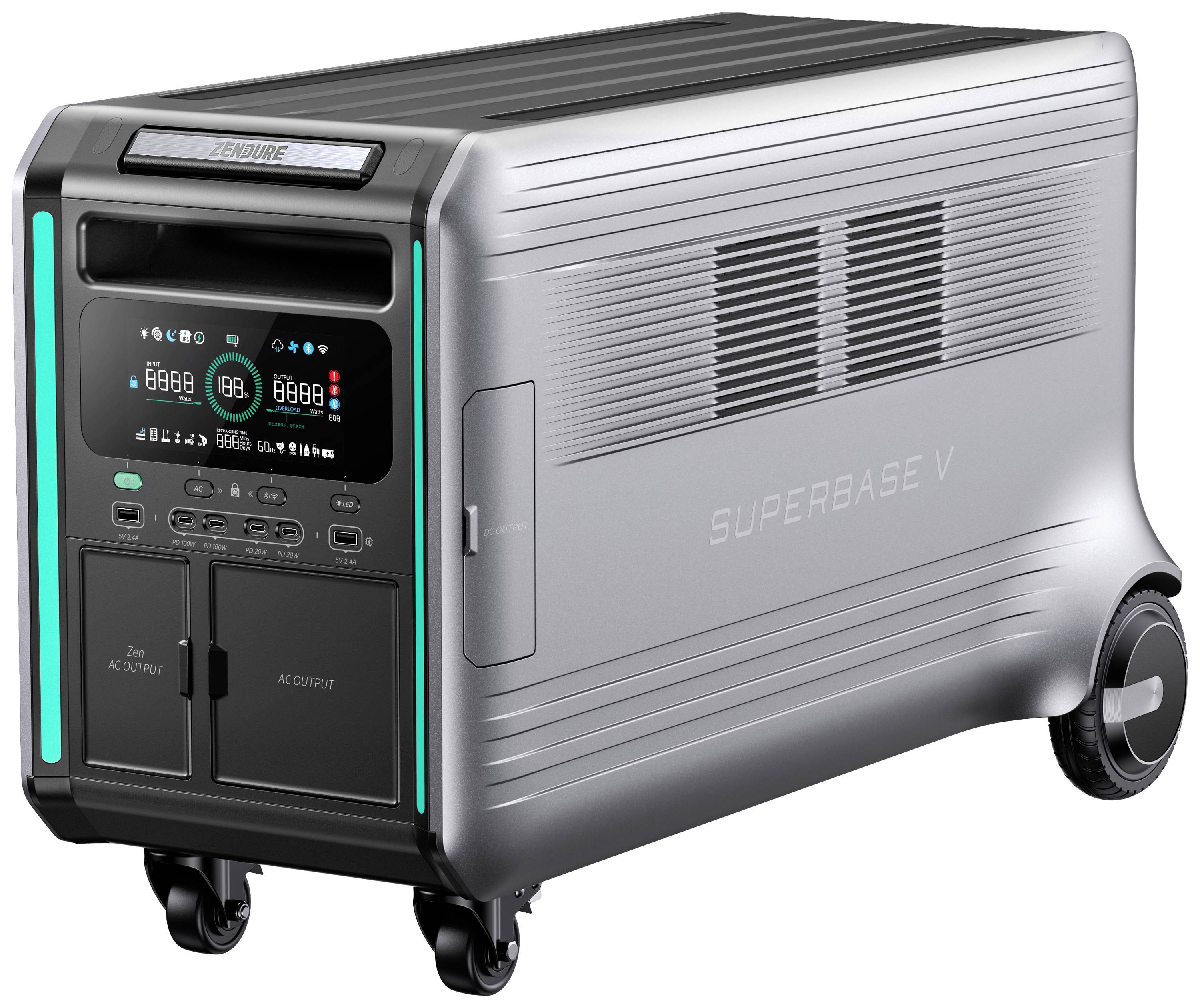 Ein silbernes, rollbares Kraftwerk mit digitalem Display und Anschlüssen für Gleich- und Wechselstrom.