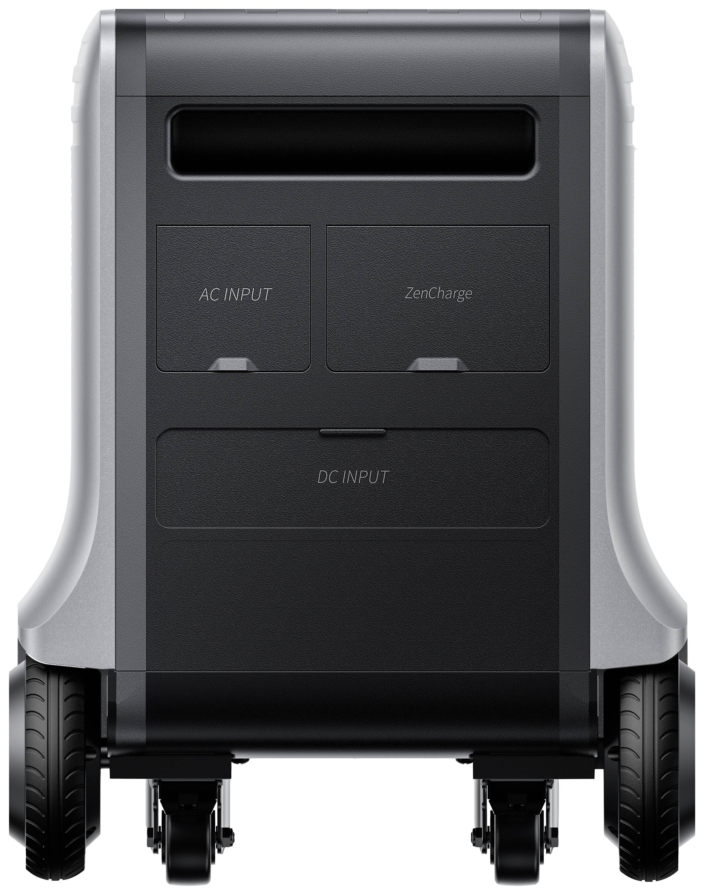Transportable Energiestation mit zwei Eingängen, beschriftet als 'AC INPUT', 'ZenCharge' und 'DC INPUT', auf Rädern für Mobilität.