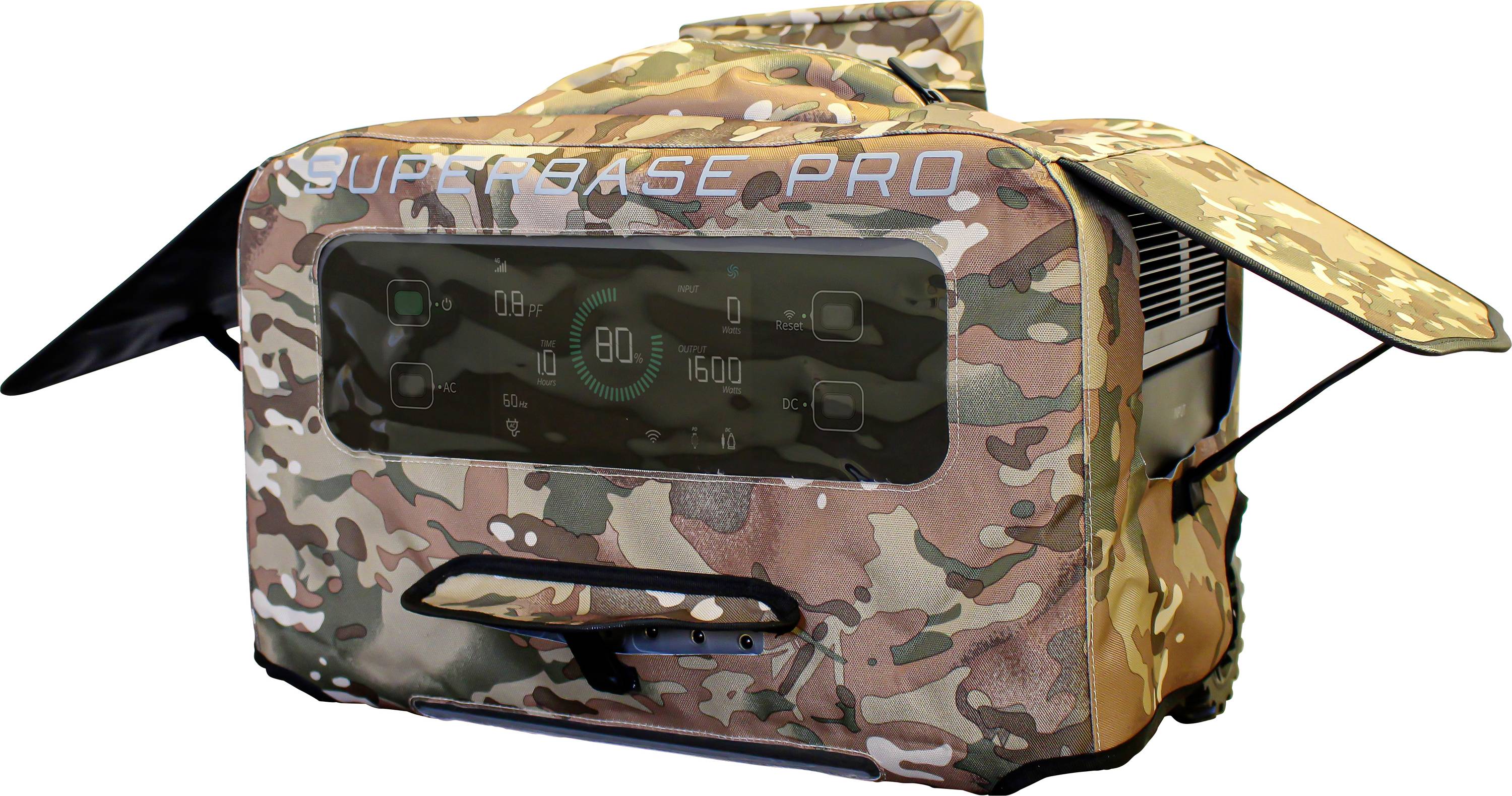 'SuperBase Pro'-Generator in tarnfarbenem Schutzcover mit Digitalanzeige.