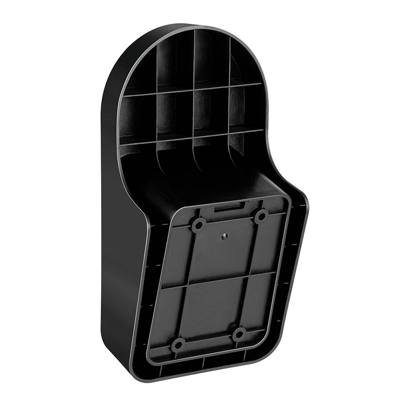 Ein schwarzes Kunststoffgehäuse, das für die Wandmontage konzipiert ist, mit mehreren internen Fächern und einer rechteckigen Fläche an der Front.