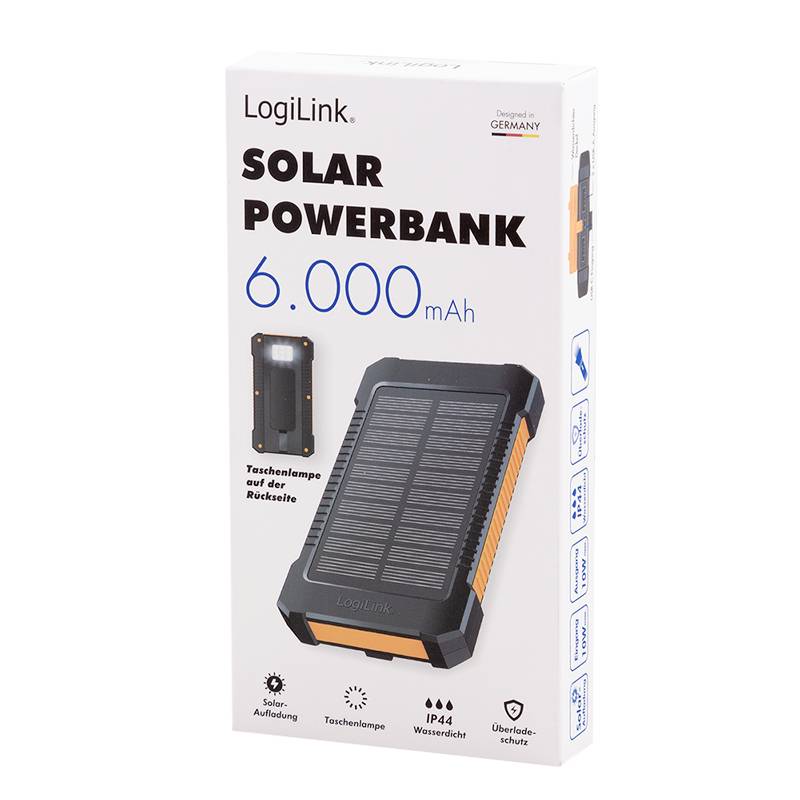 LogiLink Solar Powerbank 6000 mAh, Taschenlampe, 2x USB-A-4