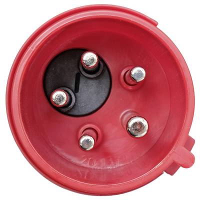 Nahaufnahme eines roten Stromsteckers mit vier Metallstiften und einem schwarzen inneren Einsatz.