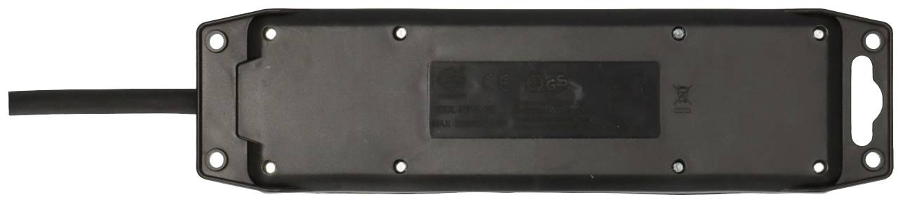 Ein rechteckiges schwarzes Elektroteil mit einem Kabel an der linken Seite und mehreren Befestigungsschrauben. Es scheint ein Gehäuse für Elektronik zu sein.