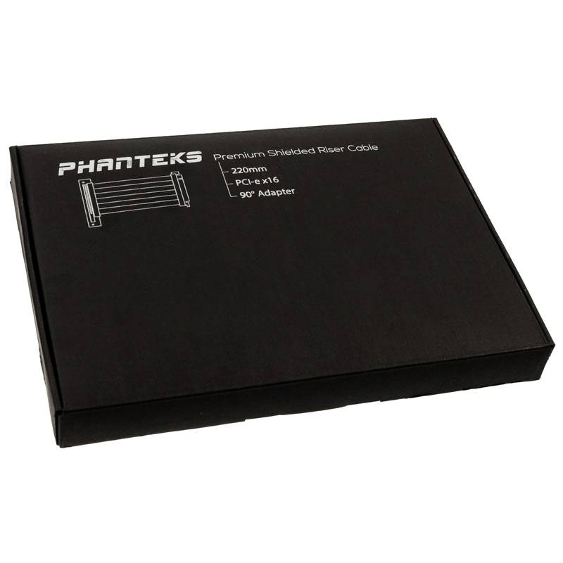 Schwarze Verpackung mit der Aufschrift 'PHANTEKS Premium Shielded Riser Cable', enthält ein 220mm PCI-e x16 Kabel und 90° Adapter.