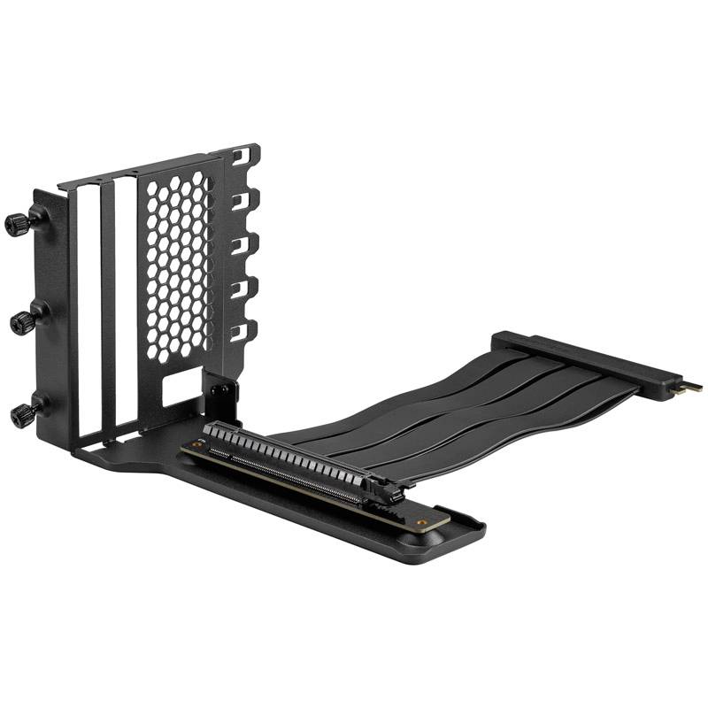 Metallhalterung für PC-Gehäuse mit PCIe-Riser-Kabel, ermöglicht vertikale Montage von Grafikkarten.