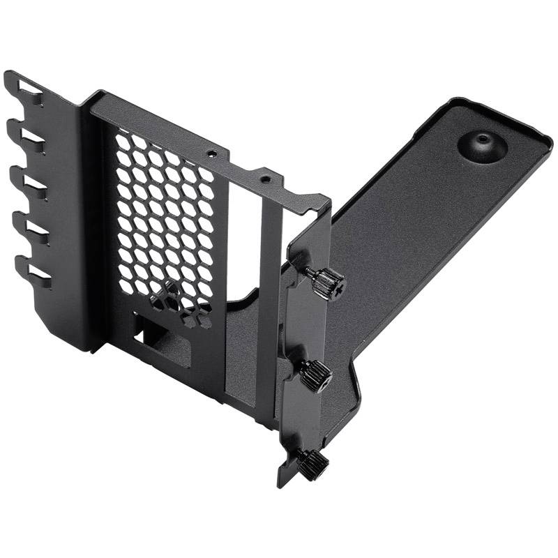 Stützwinkel aus schwarzem Metall mit Wabenmuster und Einstellschrauben, verwendet zur Unterstützung von Computerkomponenten in Gehäusen.