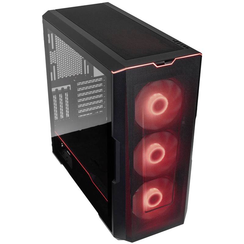 Schwarzes PC-Gehäuse mit transparentem Seitenteil, rote LED-Lüfter an der Vorderseite, modernes Design.