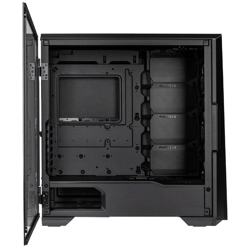 Geöffnetes Computergehäuse mit sichtbarem Innenraum. Zeigt Mainboard-Platz, Kabelmanagementbereich und Festplatteneinschübe.