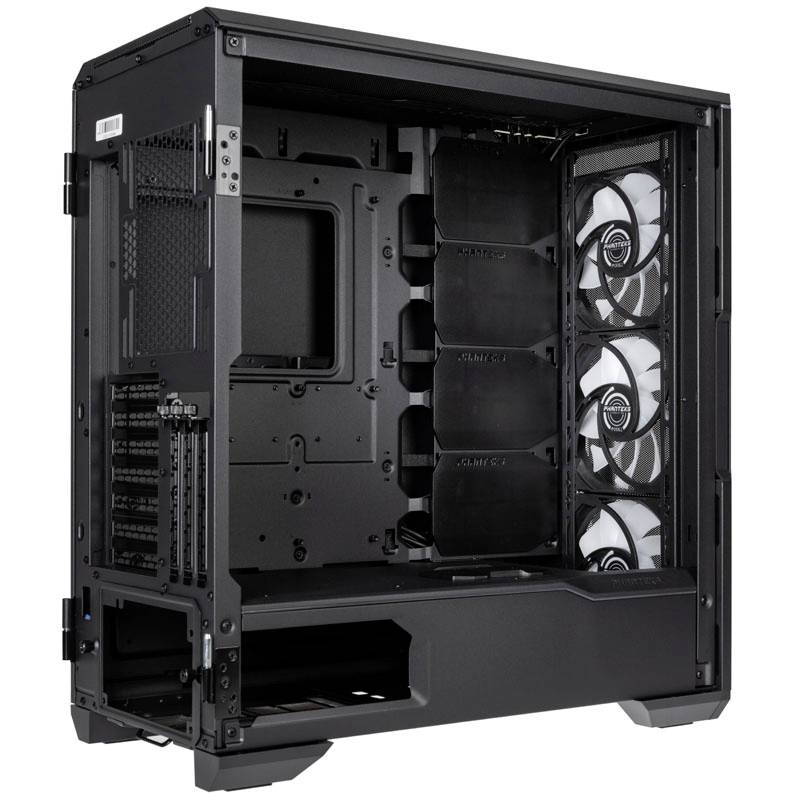 Ein schwarzes PC-Gehäuse mit mehreren Steckplätzen für Lüfter und Komponenten. Das Innenleben zeigt Platz für Hardware-Installation.