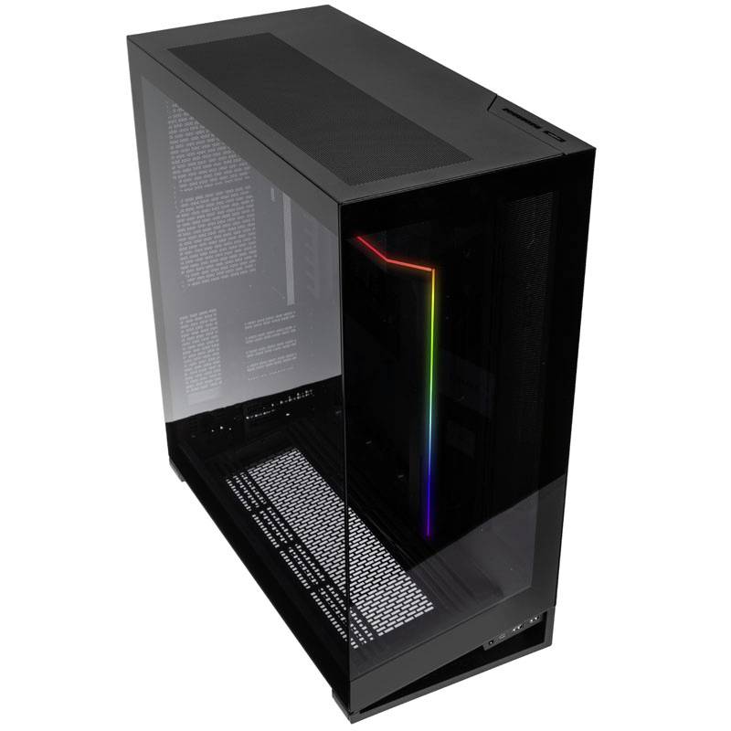Ein PC-Gehäuse mit transparenten Seitenwänden, durch die bunte LED-Beleuchtung und interne Lüfter sichtbar sind.