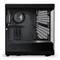 Schwarzes Computergehäuse mit Glaswand. Sicht auf das Innere mit Lüfter und Kabelmanagement. Geeignet für Gaming oder Workstation.