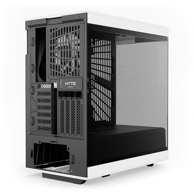 Ein weißes Computergehäuse mit durchsichtigem Seitenteil. Zeigt Lüfterplätze und Kabelmanagementoptionen, geeignet für Gaming-PCs.