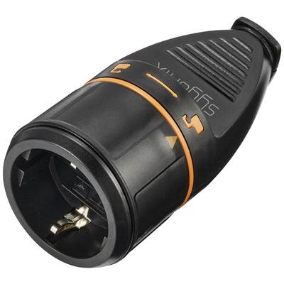Ein schwarzer Adapter mit orangefarbenen Markierungen und einem Schalter, der möglicherweise für einen Transformator oder eine Sicherheitsvorrichtung verwendet wird.