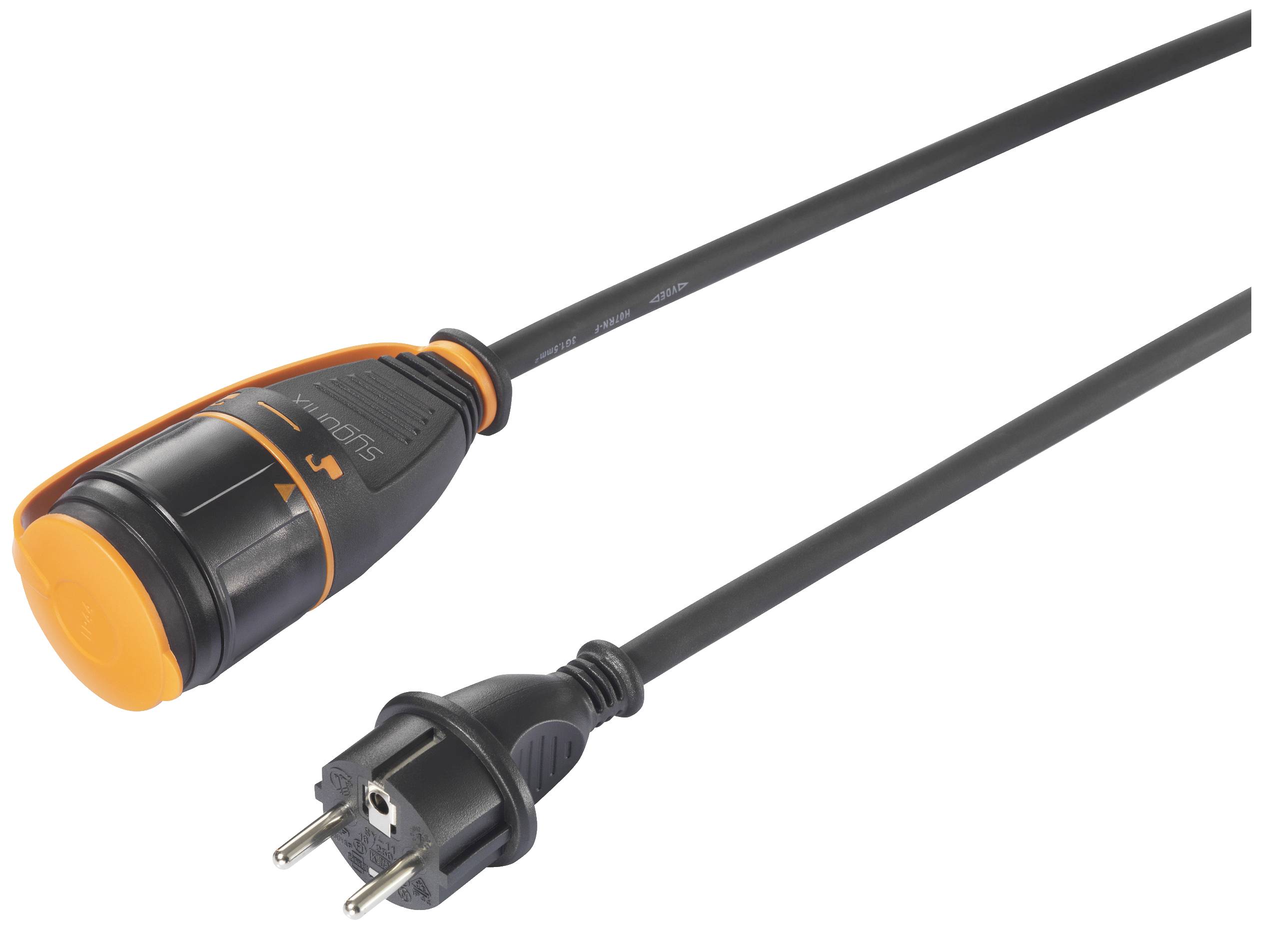 Ein schwarzes Verlängerungskabel mit orangener Kupplung und Schuko-Stecker. Geeignet für den Außeneinsatz.