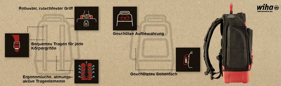 'Wiha' Werkzeugtasche mit robustem Griff, gepolsterten Trägern, aufbewahrtem Werkzeug und geschütztem Seitenfach dargestellt.