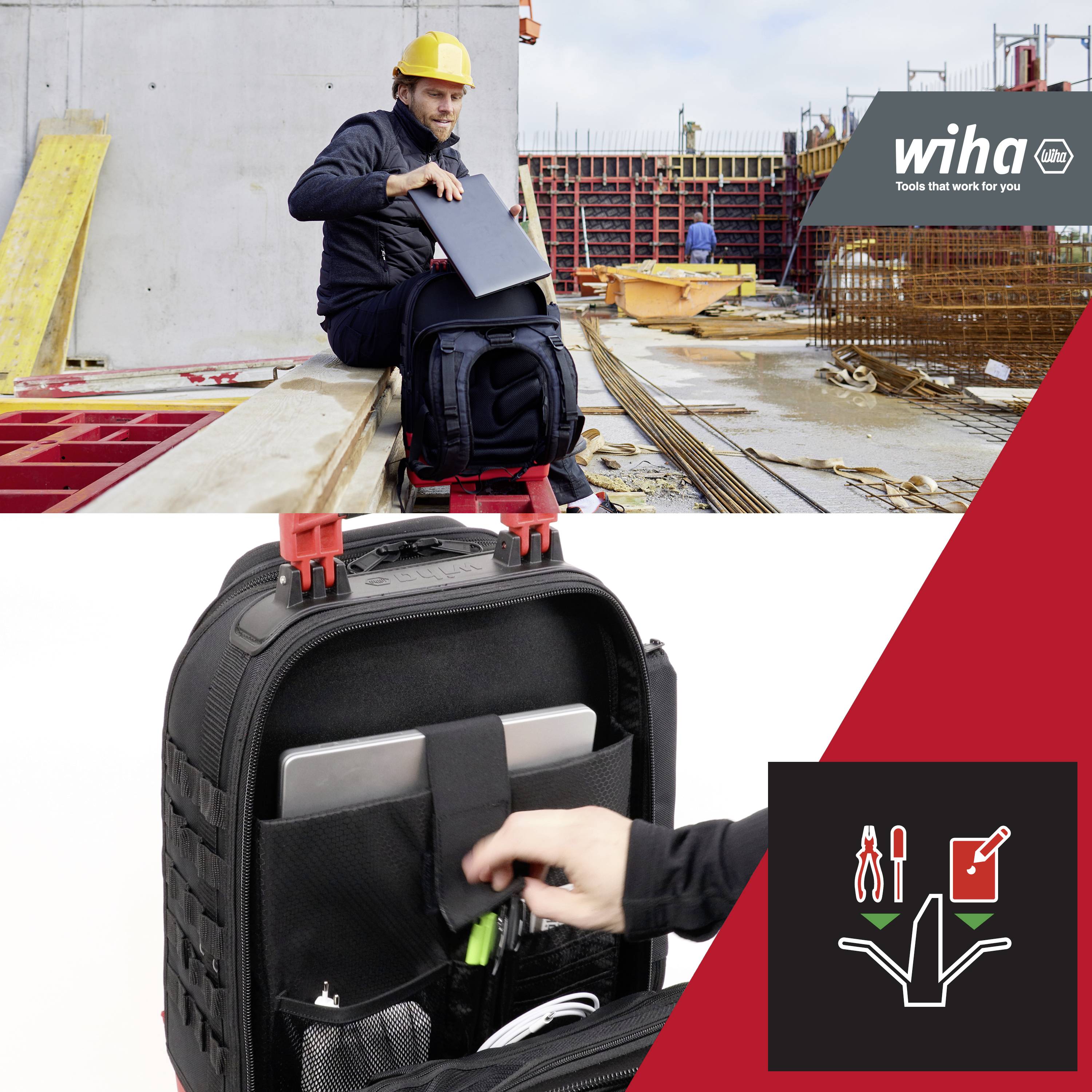 Ein Arbeiter auf einer Baustelle mit Helm steckt ein Werkzeug in einen schwarzen Rucksack. Im Hintergrund Baugerüste. Logo 'Wiha'.