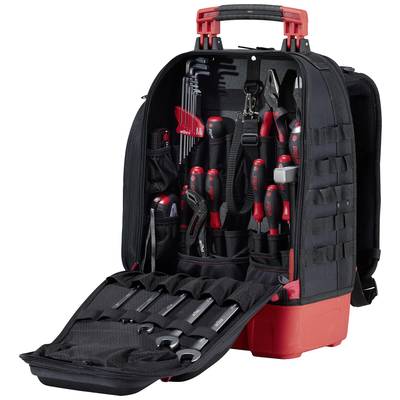 Ein offener Werkzeugrucksack mit verschiedenen Handwerkzeugen, darunter Schraubenzieher, Zangen und Schraubenschlüssel. Ideal für unterwegs.