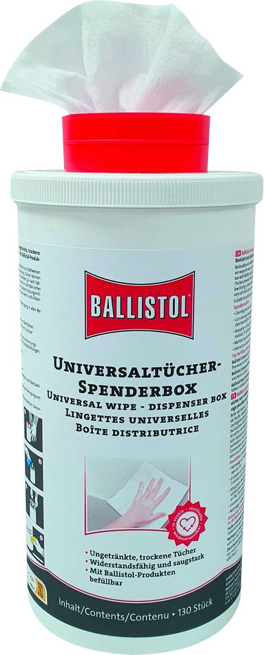 Weiße Spenderbox mit rotem Deckel und entnommener Tuch, beschriftet mit 'Universal-Tücher-Spenderbox' von Ballistol, 130 Stück.