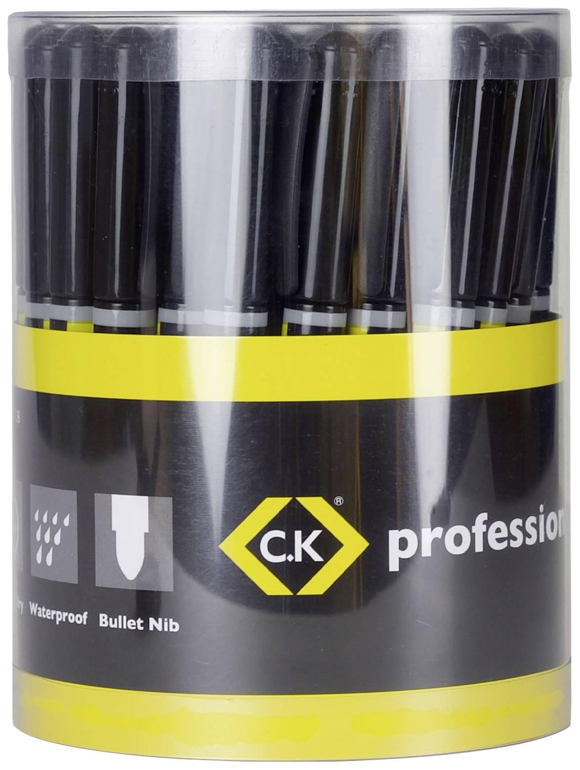 Schwarze Permanentmarker mit runder Spitze in einem zylindrischen Behälter. Text 'C.K. professionell' und Symbole für wasserfest.