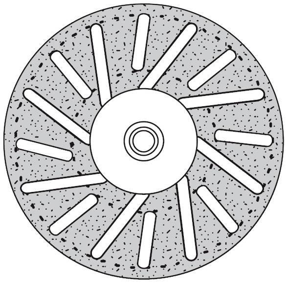 Illustration eines runden Schleifscheiben-Designs mit speichenförmigen Mustern und einer zentralen Bohrung.