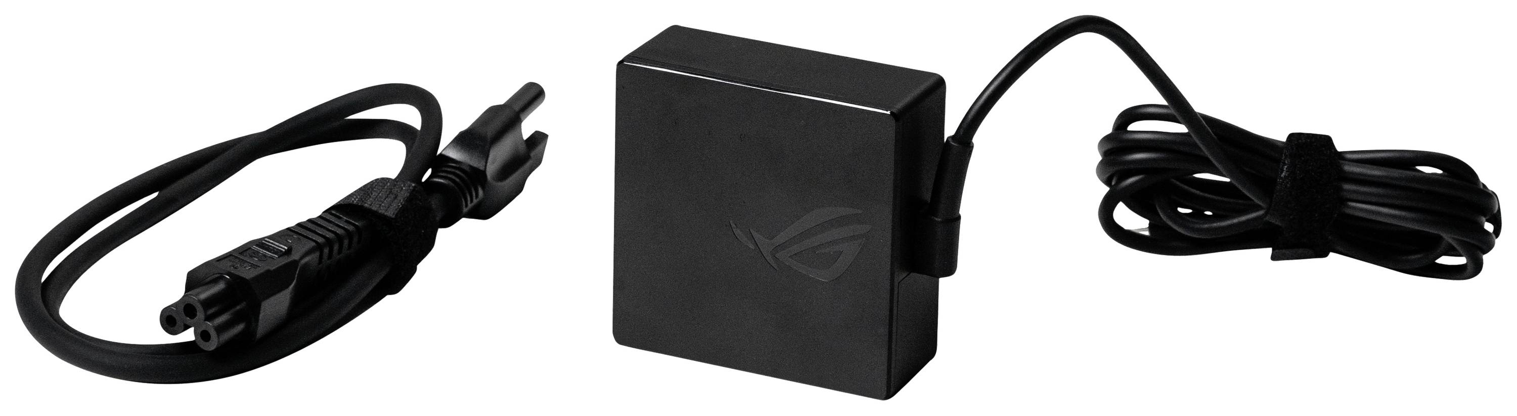 Netzteil für Laptop: schwarzes rechteckiges Ladegerät mit zwei Anschlusskabeln.