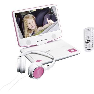 Tragbarer DVD-Player mit rosa Akzenten, Kopfhörer, Fernbedienung und Bild eines lächelnden Kindes im Auto auf dem Bildschirm.