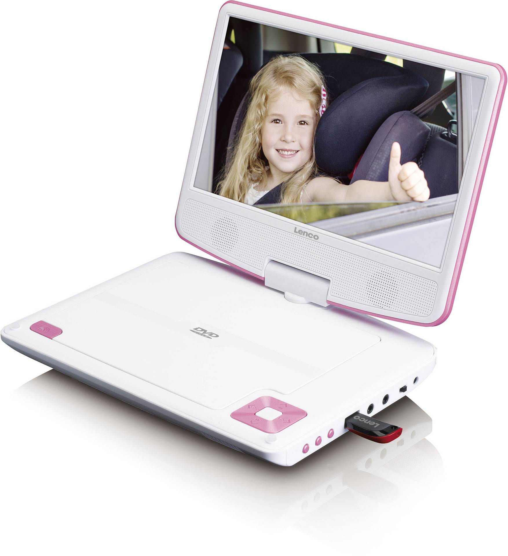 Tragbarer DVD-Player mit offenem Bildschirm, der ein Kind im Auto zeigt, das den Daumen hochhält und lächelt.