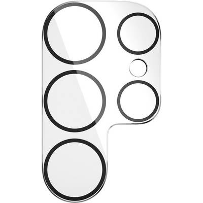 Klares, transparentes Objekt mit mehreren großen und kleinen schwarzen Ringen auf der Oberfläche, wirkt wie eine Design-Schablone.