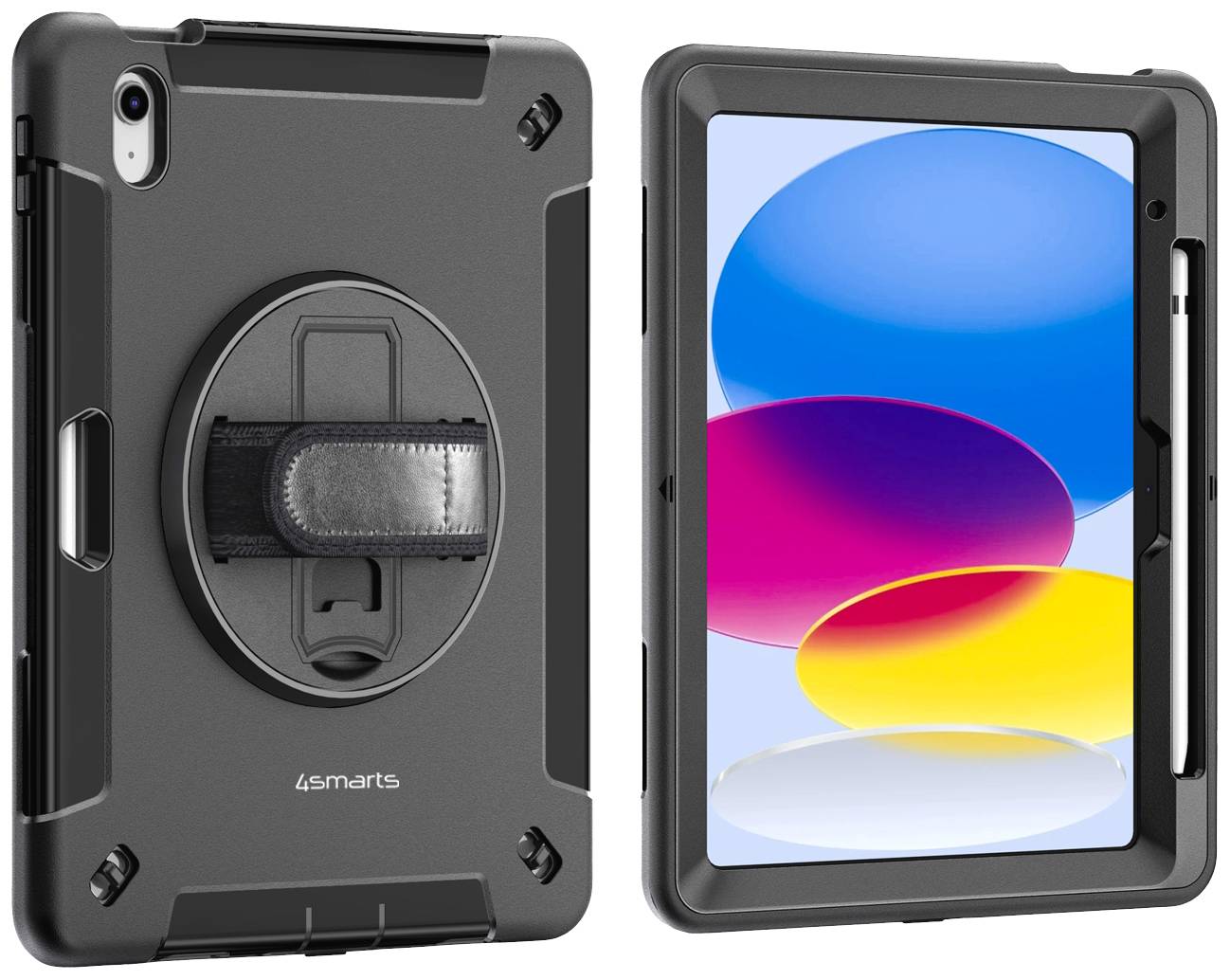 Tablet-Schutzhülle aus schwarzem Material mit Halteschlaufe, abgebildet von vorne und hinten, mit einem Display voller leuchtender Farben.