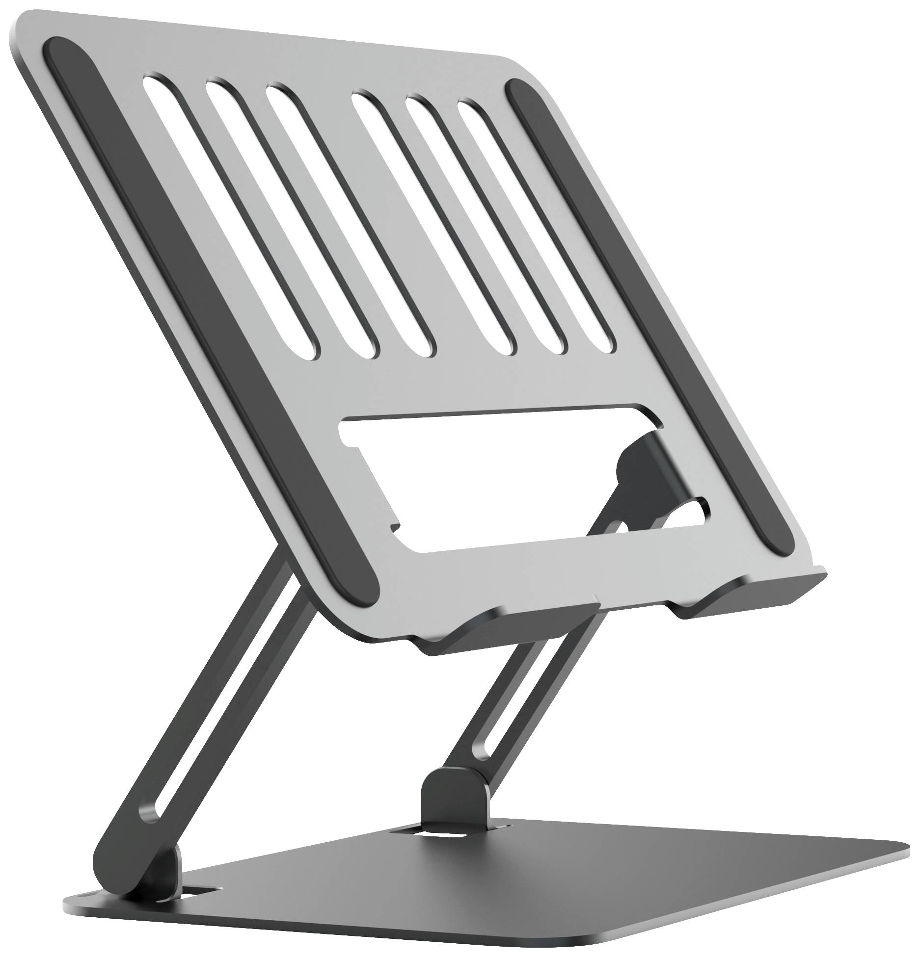 Laptop-Ständer aus Metall mit verstellbaren Neigungswinkeln; ermöglicht ergonomisches Arbeiten durch Anheben des Laptops.