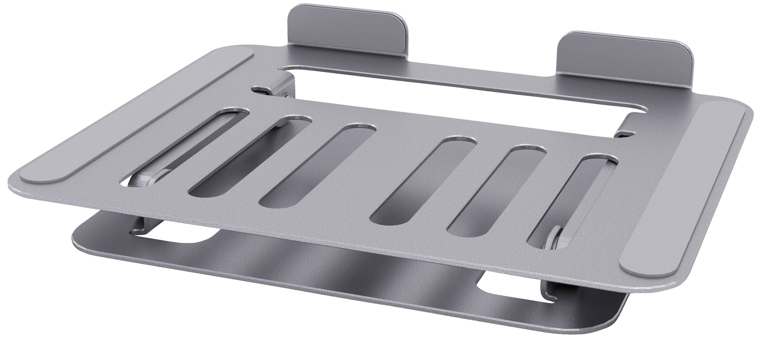 Laptopständer aus Metall mit verstellbarem Neigungswinkel und Lüftungsschlitzen, ideal für ergonomisches Arbeiten am Schreibtisch.