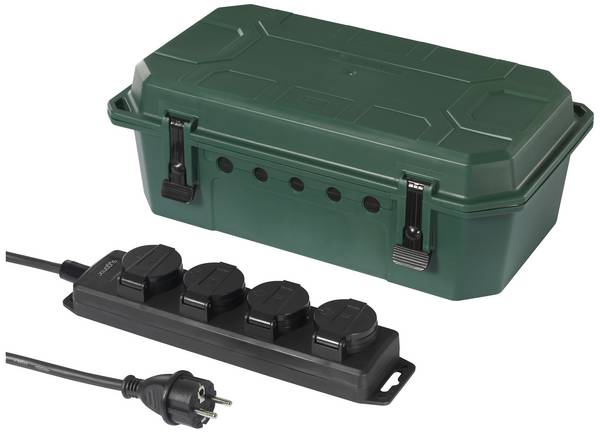 Sygonix SY-5598168 Verteilerbox 4fach Standard-Grün (seidenmatt), Schwarz erhöhter Berührungsschutz, mit 4-Fach Steckdosenleiste