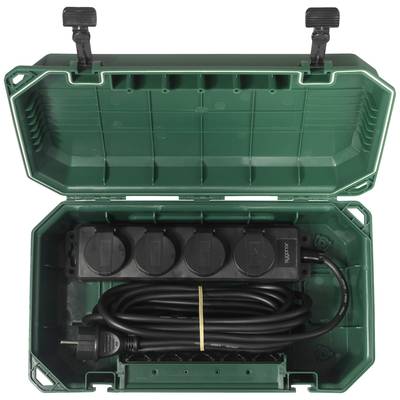 'Grüne Kabelbox geöffnet, enthält eine schwarze Mehrfachsteckdose mit fünf Steckplätzen und aufgewickeltem Kabel.'