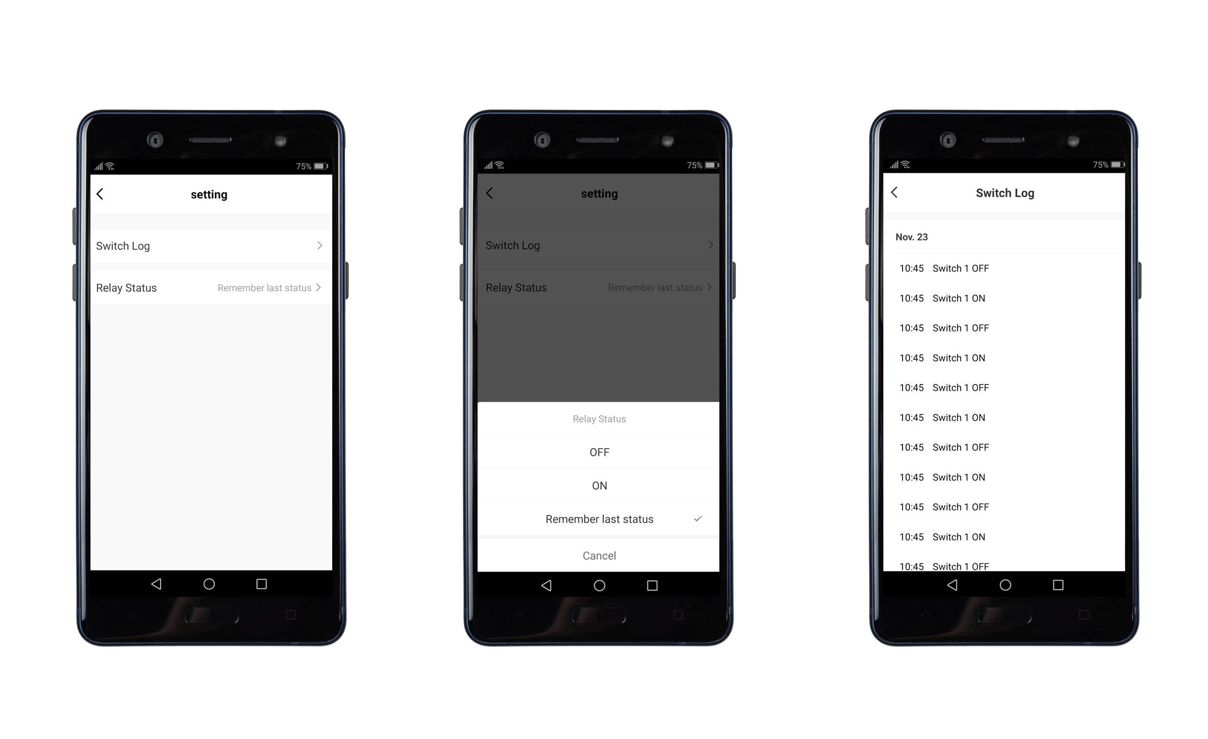 Drei Smartphone-Bildschirme zeigen eine App-Schnittstelle zur Steuerung von Schaltvorgängen. Links: Einstellungen. Mitte: Relaisstatus. Rechts: Schaltprotokoll zeigt Uhrzeit und Status.