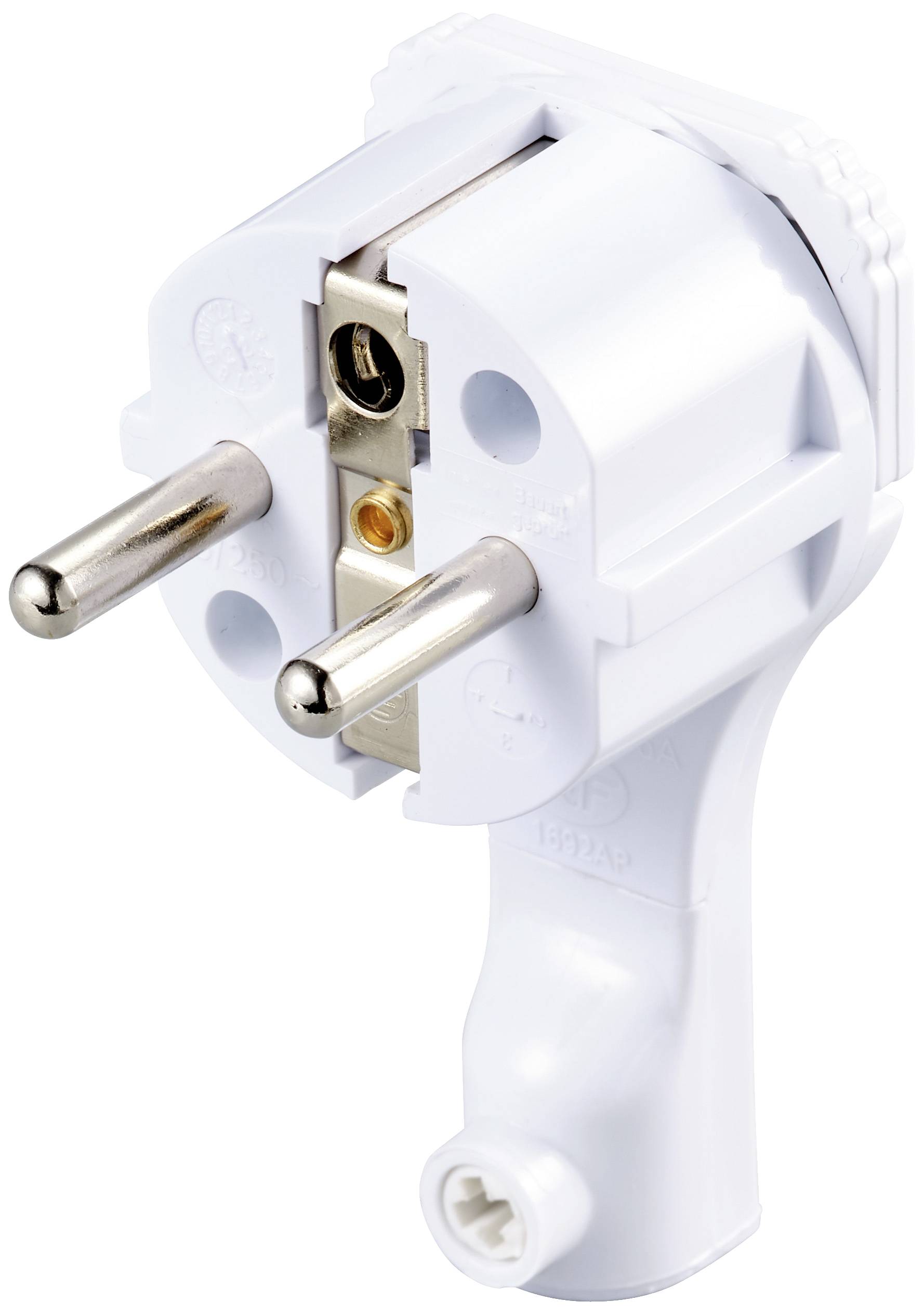 Stecker in europäischem Stil, weiß, zwei runde Metallstifte; linke Ansicht des Steckverbinders.