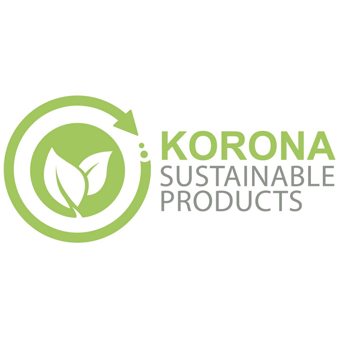 Logo von 'KORONA SUSTAINABLE PRODUCTS' mit zwei Blättern in einem grünen Kreis und einem Pfeil, der Nachhaltigkeit symbolisiert.