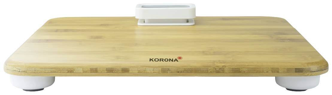Elektronische Küchenwaage aus Holzoptik mit digitalem Display in der Mitte. Markenlogo 'KORONA' auf der Vorderseite.