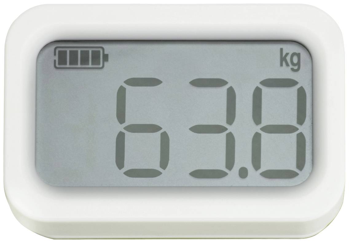 Digitalanzeige einer Waage mit der Zahl '63,8 kg' und einem Batteriesymbol links oben.