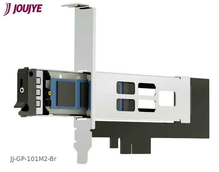 Eine elektronische Komponente, möglicherweise ein Anschlussmodul oder eine Netzwerkkarte, mit metallischen und schwarzen Elementen.