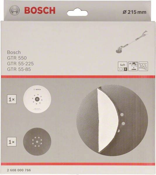 Verpackung eines Bosch Schleifpapier-Sets. Oben links das Bosch-Logo. Zeigt Einsatz für Modelle GTR 550, GTR 55-225, GTR 55-85.