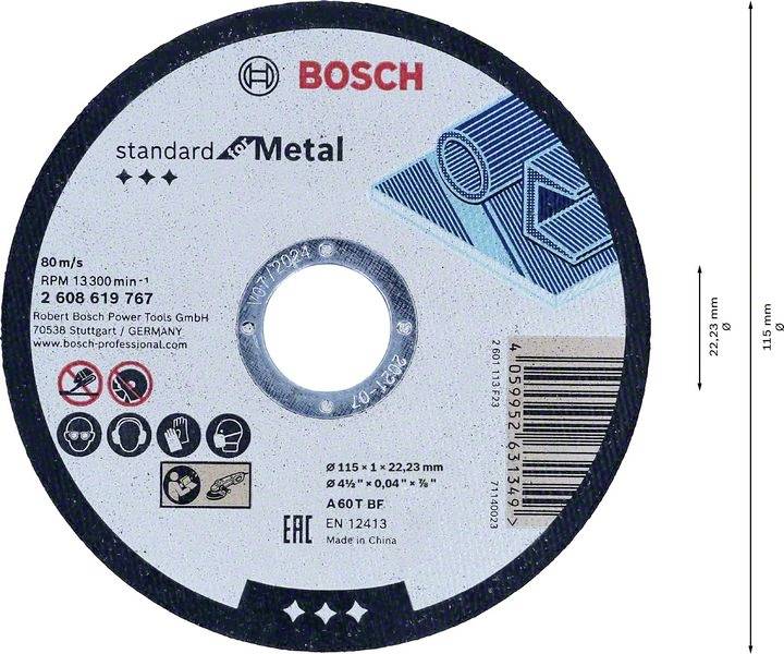 Bosch Trennscheibe für Metall, 115 mm Durchmesser, A60T BF Typ, max. Geschwindigkeit 80 m/s, 13.300 U/min, hergestellt in China.