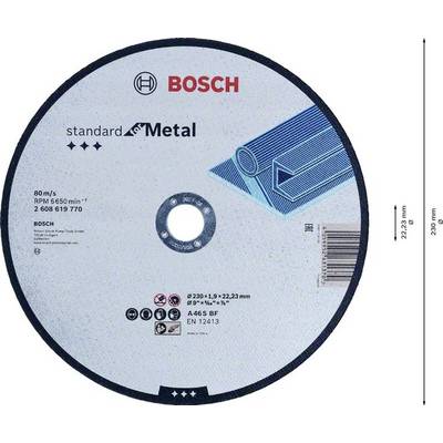 Eine Trennscheibe mit der Aufschrift 'BOSCH standard for Metal'. Durchmesser: 230 mm. Geeignet für Metallschnitte.